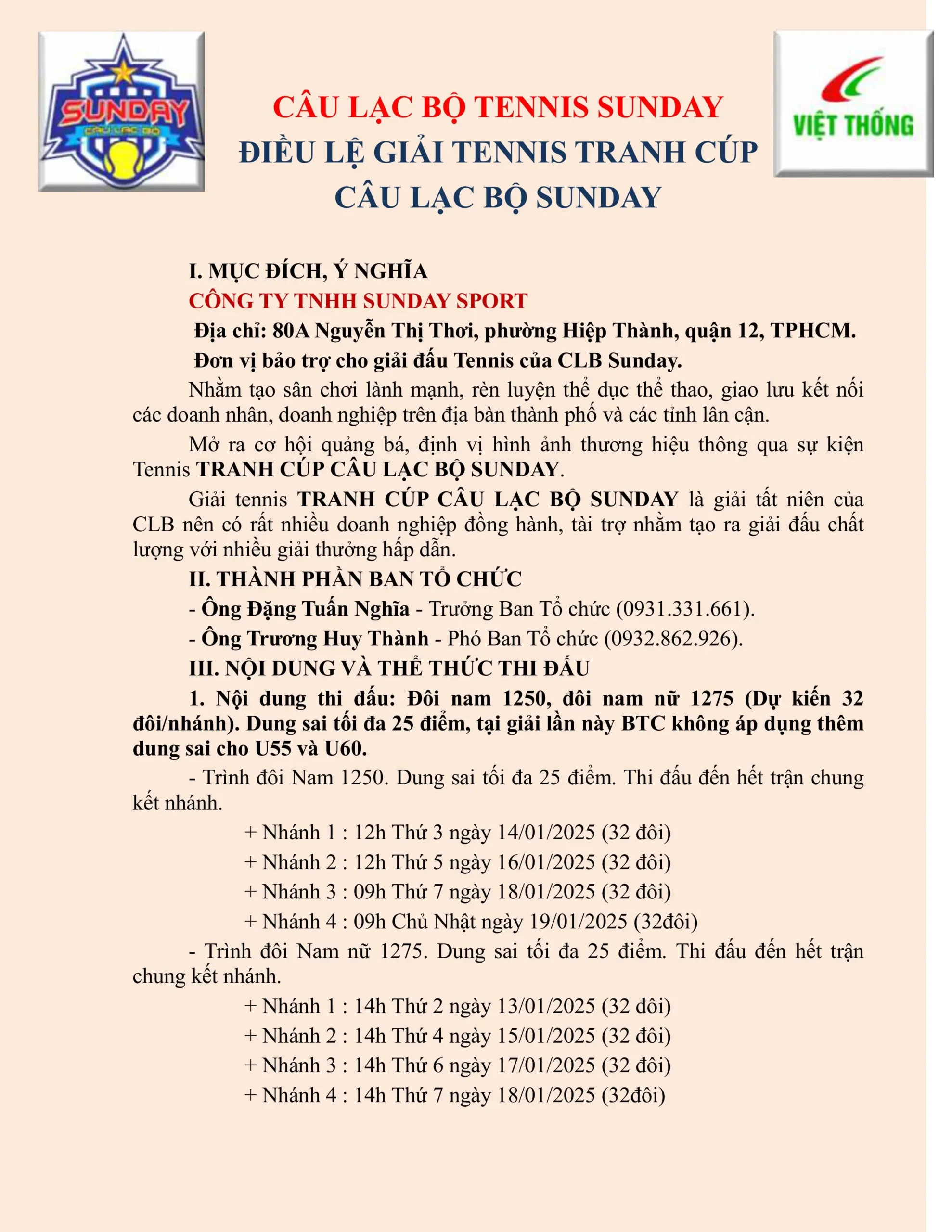 Điều lệ giải Tennis tranh cúp câu lạc bộ Sunday